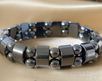 Haematite Couple Bracelet Set, Geometric & Curved Bead Designs, Handmade in Canada