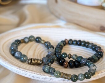 AAAA quality Moss Agate Gemstone Bracelet, Custom Fit, 7 Styles, Earth Energy Stone