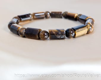 Pulsera con piedra preciosa ojo de tigre / Columna geométrica, unisex / Estilo bohemio para hombre
