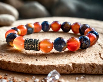 Carnelian with Tiger's Eye bracelet | Ancient Style Brass Accent | 8mm Natural Gemstones | Motivation, Courage & Confidence | Unisex