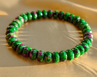 Ruby in Zoisite Bracelet - Faceted Polished Rondelle Beads, for Positive Energy, Growth & Passion