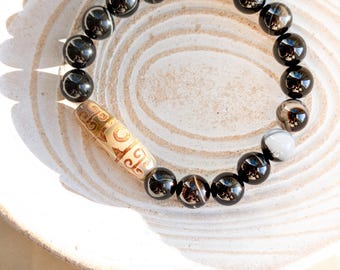 Men's Black Striped Agate Dzi Bead Bracelet | Tibetan Protection Jewelry