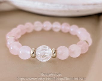 AAAA Rose Quartz Bracelet, Handmade Crystal Jewelry, 18k Gold accent with Crackle quartz focal bead