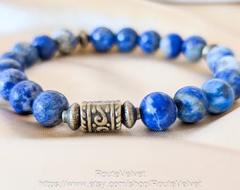 Handmade Lapis Lazuli Bracelet, Antique Brass Accents, Third Eye Chakra Jewelry