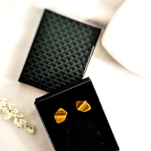 Tiger&#39;s Eye Stud Earrings: 18k Gold Plated, Hypoallergenic Surgical Steel