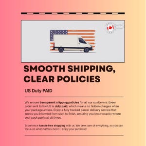 Op de afbeelding: Illustratie van een witte bestelwagen met een Amerikaanse vlag op de achtergrond. Tekst luidt "SMOOTH SHIPPING, CLEAR POLICIES" en "US Duty PAID". De afbeelding promoot transparante verzendbeleid.