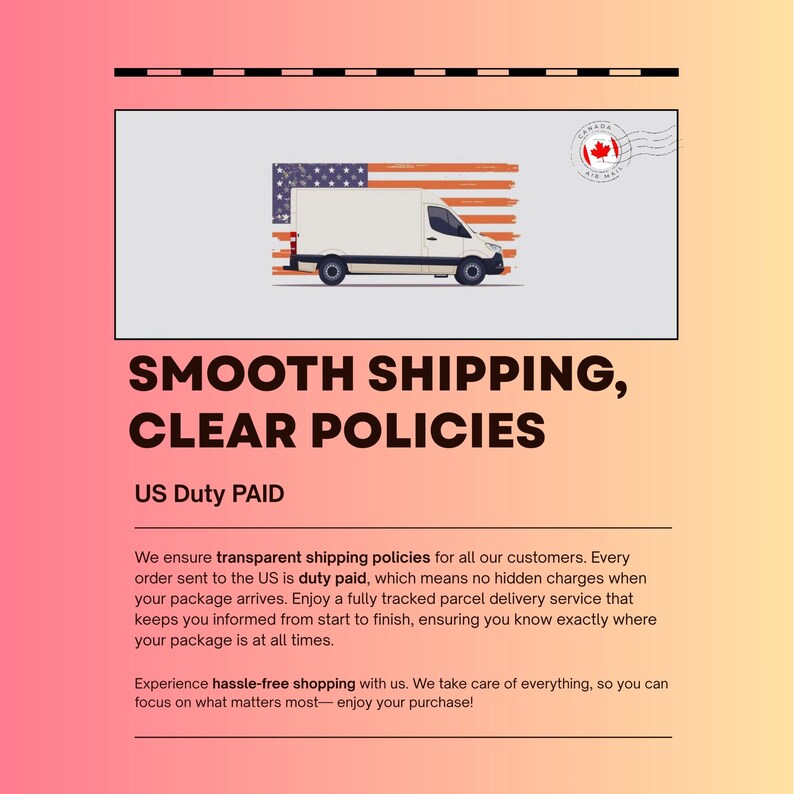 Op de afbeelding: Illustratie van een witte bestelwagen met een Amerikaanse vlag op de achtergrond. Tekst luidt "SMOOTH SHIPPING, CLEAR POLICIES" en "US Duty PAID". De afbeelding promoot transparante verzendbeleid.