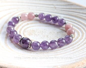 Pulsera de amatistas y cuarzo rosa de Madagascar / Sanación suave ~ Amor propio / Joyería de cuentas para mujer