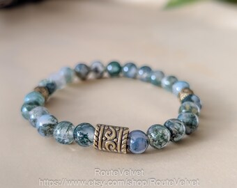 Bohemian Moss Agate Bracelet, Ethnic Brass Accent Beads, Custom Size Stretch, Whimsical Crystal Healing Jewelry Gift for Men & Women