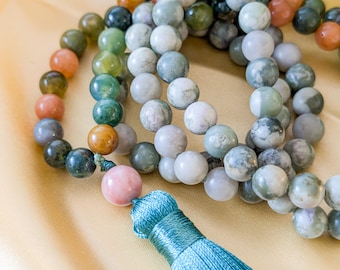 Indian Agate & Peace Jade Mala, 108 Bead Meditation Necklace, Mindfulness Mala, Spiritual Gift, Energy Healing