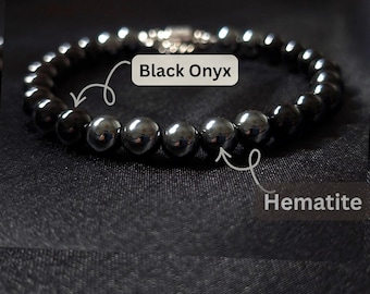 Men's Black Onyx Hematite Bracelet with Magnetic Clasp + Safety chain, Custom Fit Handmade