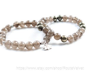 Natural Smoky Quartz Grounding Bracelet - 3 Unique Designs - Pyrite & Lotus Om Accents - Protection + Stress Relief - Custom Fit