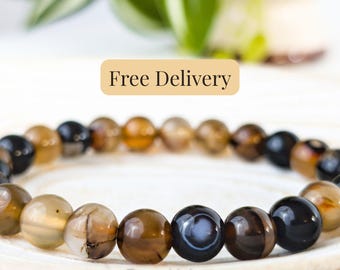 Genuine Sardonyx Bracelet, Black /Brown Banded Agate with Black Onyx, Protection Crystal Jewelry, Unisex