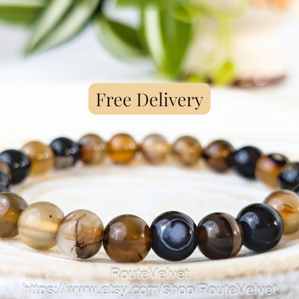 Bracelet en sardonyx véritable, agate à bandes noires/brunes avec onyx noir, bijoux en cristal de protection, unisexe