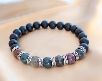 Pulsera de ágata india con cuentas para hombre, estilo festivalero moderno, ideal para combinar con otras pulseras. Joyería artesanal rústica bohemia.