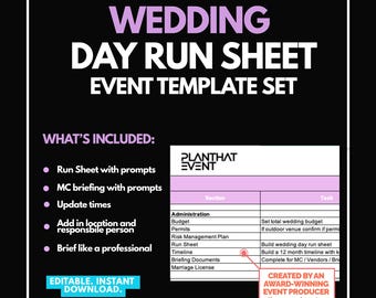 Sjabloon bruiloftsdag en MC-runsheet: tijdlijn professioneel evenement | Bewerkbaar | Excel