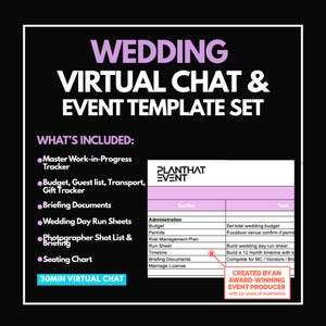 May include: A black and white graphic with the text "WEDDING VIRTUAL CHAT & EVENT TEMPLATE SET". Includes a list of items such as a budget tracker, guest list, and seating chart. The image also includes a sample wedding planning document.