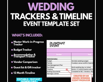 Trackers voor bruiloftplanner: budget, tijdlijn, gastenlijst, werk in uitvoering | Excel | Bewerkbaar