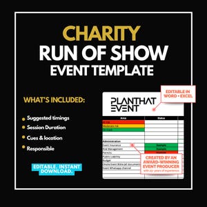 May include: A black and white event template titled "CHARITY RUN OF SHOW EVENT TEMPLATE." The template includes sections for suggested timings, session duration, cues & location, and responsible parties. It is editable in Word and Excel.