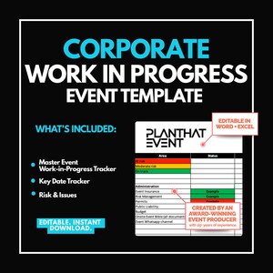 May include: Black and white graphic with the text "CORPORATE WORK IN PROGRESS EVENT TEMPLATE." Includes a master event tracker, key date tracker, and risk and issues section. Editable in Word and Excel.