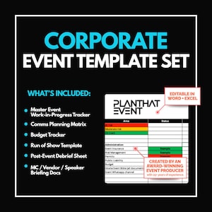 May include: A black and white graphic with the text "CORPORATE EVENT TEMPLATE SET" in white and teal. The image includes a list of included items, a chart, and the text "EDITABLE IN WORD + EXCEL".