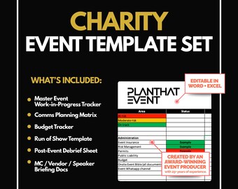 Complete set sjablonen voor evenementplanning voor liefdadigheidsevenement | Bewerkbare Excel en Word | Voorgestelde taken