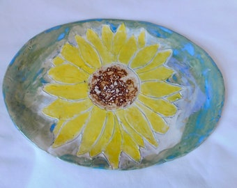 Bright Sunflower on a Ceramic Platter