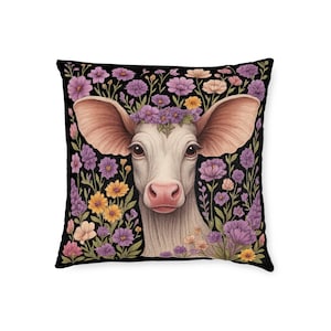 Boho Cow Floral Pillow Cover: Cottagecore Farmhouse Decor