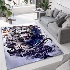 Exotic Tiger Area Rug, Floral Tiger Rug, Tiger Themed Rug, Tiger Rug, Tiger Design Carpet,Colorful Rug,Abstract Printed,Home Design,Area Rug