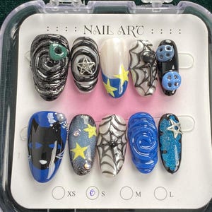 Handmade Gothic Starry Night Press On Nails – Cat, Web & Moon Nail Art Set
