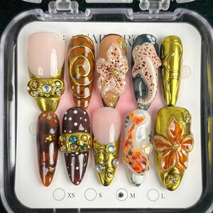 Handmade Gold Rhinestone 3D Floral Press On Nails: Glam Party Nails