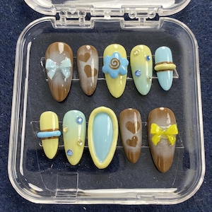 Handmade Hand-Painted Sweet Treat Press-On Nails | Cute Brown & Pastel Fake Nails | 3D Bows, Hearts Swirls | Y2K Style Reusable Set