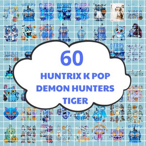 May include: A collection of 60 stickers featuring cartoon cats in various poses and costumes, with pumpkins and other Halloween-themed elements. The stickers are in shades of blue, orange, and white, with the text "HUNTRIX K POP DEMON HUNTERS TIGER" in the center.