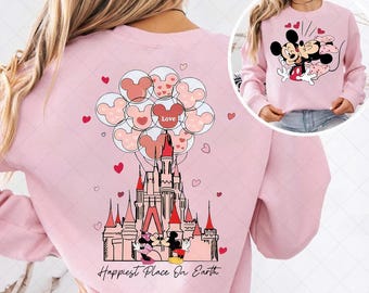 Disney Happiest Place On Earth Shirt, Mickey Minnie Valentine Kiss Castle Sweatshirt, Disney Lovers Sweater, Disney Valentine's Day Sweater