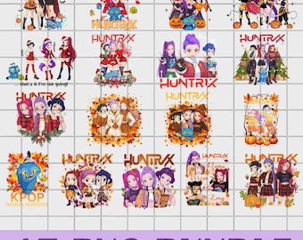 May include: A collection of 17 PNG graphics featuring anime-style characters in various poses and themes. The designs include Halloween, Christmas, and K-pop motifs, with text overlays such as "HUNTRAX" and "KPOP DEMON HUNTERS".
