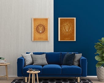 Impression d'art Lion du zodiaque, affiche d'astrologie rétro des années 70, décoration bohème, lot de téléchargement numérique