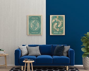 Impression d'art du zodiaque poissons, affiche d'astrologie rétro des années 70, décoration bohème, lot de téléchargement numérique