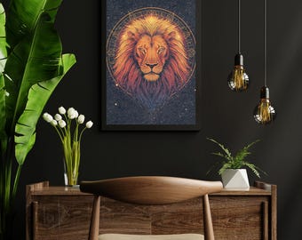 Signe du zodiaque Lion | Art mural astrologie Lion | Affiche céleste bohème | Téléchargement numérique