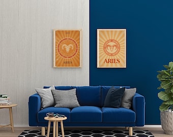 Impression d'art du zodiaque Bélier, affiche d'astrologie rétro des années 70, décoration bohème, lot de téléchargement numérique