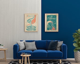 Impression d'art du zodiaque Verseau, affiche d'astrologie rétro des années 70, décoration bohème, lot de téléchargement numérique