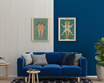 Impression d'art du zodiaque Gémeaux, affiche d'astrologie rétro des années 70, décoration bohème, lot de téléchargement numérique