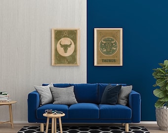 Impression d'art du zodiaque taureau, affiche d'astrologie rétro des années 70, décoration bohème, lot de téléchargement numérique