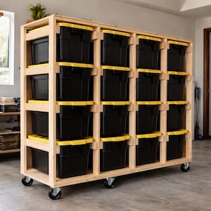 May include: A mobile storage unit made of wood, filled with black storage boxes with yellow lids. The unit is on wheels and designed for storage and organisation. The boxes are evenly spaced within the wooden frame, ideal for a garage or workshop.