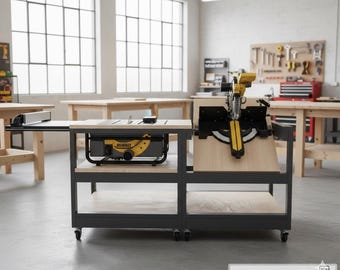May include: A workshop scene featuring a yellow and black miter saw and a table saw. The miter saw is mounted on a wooden surface, and the table saw is on a rolling cart. The workshop has large windows and various tools on the wall.