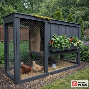 May include: A dark gray wooden chicken coop with wire mesh sides and a sloped roof. A planter box filled with green foliage and red flowers is attached to the side. Two chickens are inside the coop, which is set on a bed of straw. The image includes the text "DIGITAL PLANS".