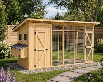 May include: A light-colored wooden chicken coop featuring a slanted roof, a solid door with a Z-brace, a nesting box with a dark roof, and an attached wire mesh run. The structure is built with vertical wood paneling and includes small windows.