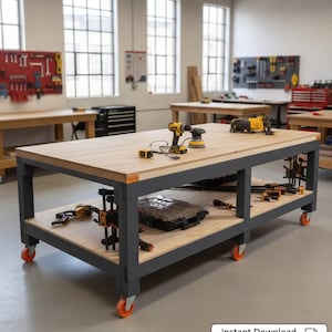 May include: A large, sturdy workbench with a light wood top and a dark gray frame. The workbench has a lower shelf and is equipped with orange caster wheels. Power tools and a tape measure are on the top. The image includes the text "Instant Download - PDF Plans".