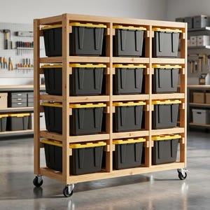 Op de afbeelding: Een houten opbergrek op wielen, gevuld met zwarte bakken met gele deksels. Het rek heeft vier planken, elk met drie bakken. De achtergrond toont een werkplaats met gereedschap en andere opbergoplossingen.