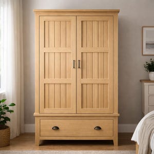 May include: A light oak wardrobe with two doors and a drawer. The doors have vertical paneling and black handles. The drawer has two round, dark metal handles. The wardrobe is set against a neutral wall.