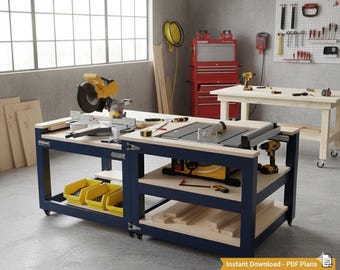 Puede incluir: Un taller con un banco de trabajo grande azul y de madera, con una sierra ingletadora y una sierra de mesa amarillas. El banco de trabajo tiene estantes de almacenamiento con contenedores amarillos. Se ven herramientas adicionales y un cofre de herramientas rojo.